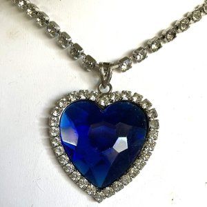 Sapphire Blue Rhinestone Heart Necklace with Rhinestone Chain